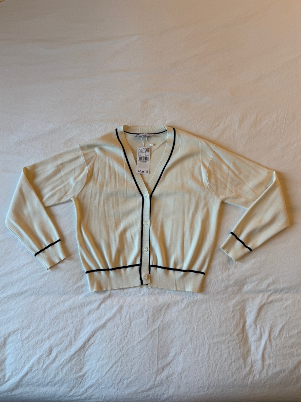 Mango Contrast Trim Cardigan in Ecru and Black